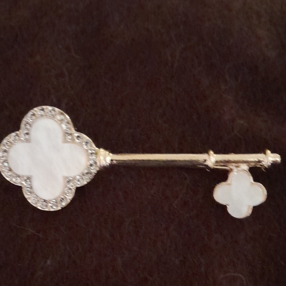 Elegant Goldtone and Tan Key Brooch